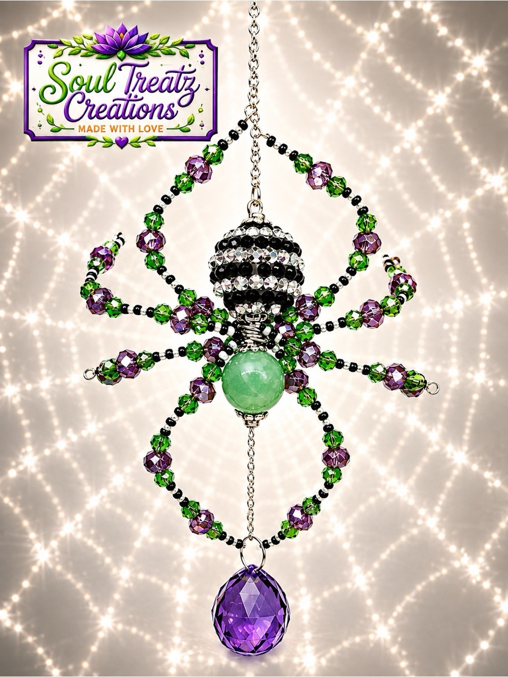 Green & Purple Crystal Beaded Spider Sun Catcher